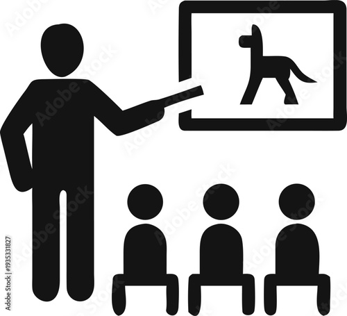 Instructor teaching students about animal care with a dog illustration on a classroom whiteboard