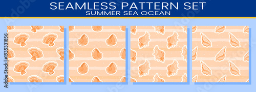 Pattern set cute for shell seamless sea and seashell summer girly. Coastal gingham marine for pastel plaid beach and ocean vector background. Pattern nautical texture for shell design drawn.