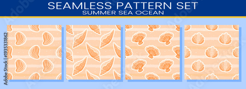 Pattern set cute with shell seamless sea for seashell summer girly. Coastal gingham marine with pastel plaid beach for ocean vector background. Illustration nautical pattern with animal shell.