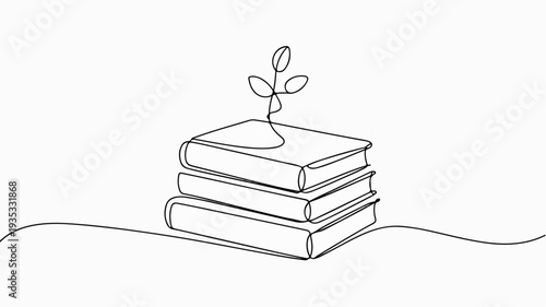 Minimalist continuous line drawing of stacked books with small plant sprouting from top book on white background symbolizing growth and learning