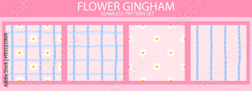 Flower cute seamless pattern set gingham floral and kawaii small. Check spring daisy with print easter pink and girl botanical textile. Background kids flower with stripe design pattern