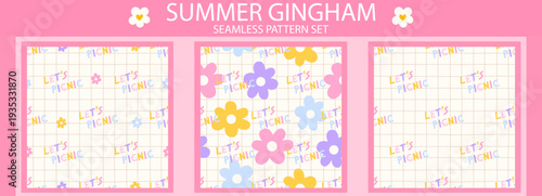 Flower seamless pattern gingham with a cute floral set, kawaii and small check designs for spring daisy prints. Easter pink and botanical textile backgrounds for kids, featuring plaid