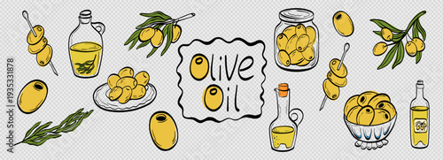 Olive illustration line with branch oil botanical and set collection engraved. Farm hand vector with italian leaves sketch and fruit tree background. Vintage food olive with bottle modern branch