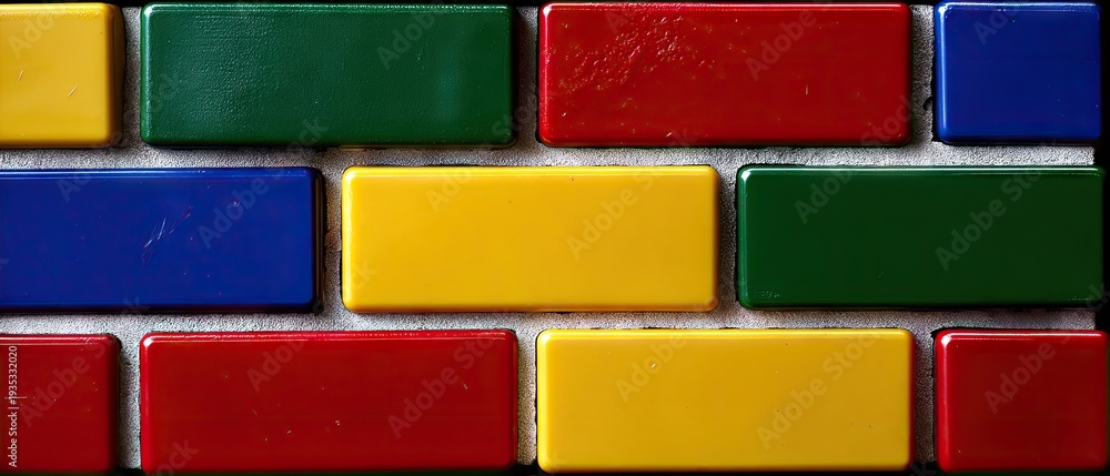 Fototapeta premium Colorful brick pattern on a flat surface showcasing a vibrant assortment of building blocks from a top view perspective