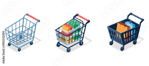 Shopping carts showing empty and loaded states on white background