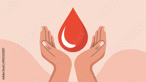 Hands gently holding a large red blood drop symbol between palms conveying care donation and health on a soft peach background with abstract shapes