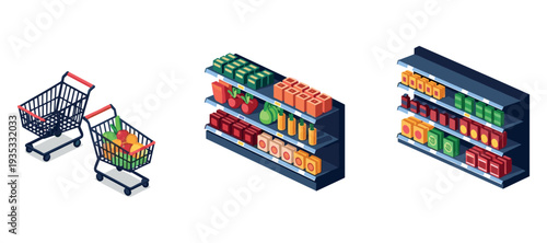 Shopping carts filled with groceries beside store shelves