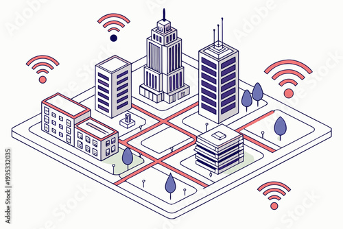 An Isometric Smart City Grid With Wireless Connectivity Signals Illuminating Urban Architecture