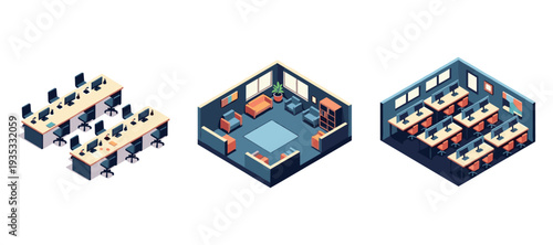 Isometric room layouts showing office and lounge interiors