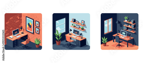 Three home office desks arranged in interior settings