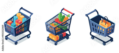 Grocery shopping carts filled with assorted products on white