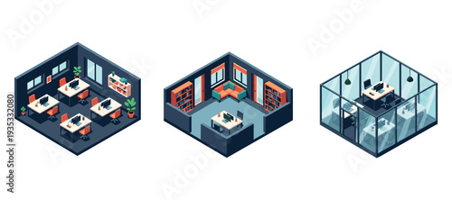 Isometric office layouts showing workspaces and meeting room