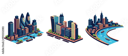 Waterfront city blocks with marina and curved river isometric view