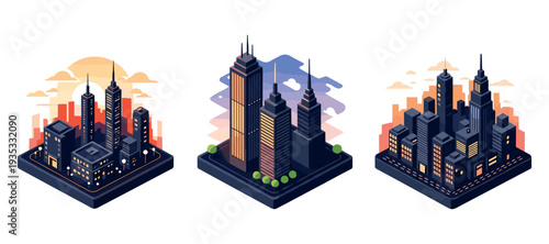 Isometric city blocks featuring clustered skyscrapers at dusk