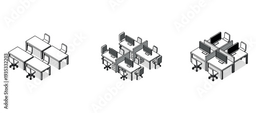 Office desks arranged in clustered isometric workspace