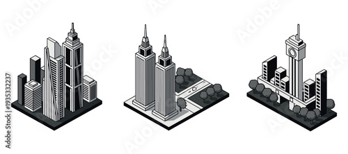 Urban skyscrapers paired with parks on isometric bases