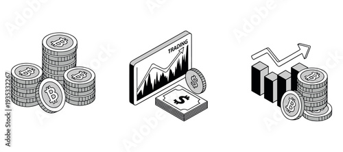 Bitcoin coins displayed with trading chart and growth bars