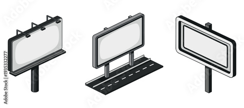 Outdoor billboard signs mounted on roadside poles and panels