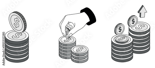 Stacked coin piles showing deposit and growth beside hand