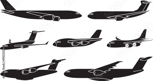 Collection of various cargo and military aircraft silhouettes isolated in one image