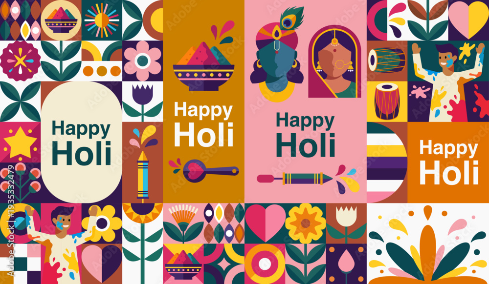 Fototapeta premium Happy Holi, Modern Geometric Bauhaus Banner Design With Copy Space, Vector Design