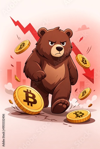 Angry Bear Cartoon Illustration Crushing Bitcoin for Crypto Market Crash Media Content