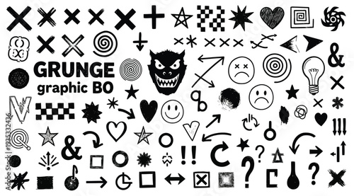 Grunge graphic design elements and symbols in black isolated on white background for artistic projects and creative designs