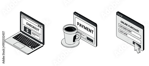 Online payment icons showing checkout process on plain background