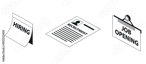 Isometric hiring icons arranged in horizontal layout on white background