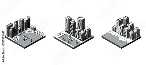 Isometric city blocks with waterfront and high rise buildings