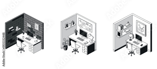 Isometric home office setups displayed in interior corners