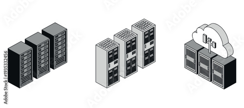 Data center server racks and cloud infrastructure icons