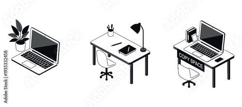 Laptop workspace setups arranged on modern office desk scenes