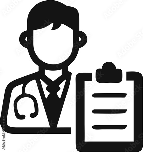 Medical professional doctor icon holding clipboard with patient notes for healthcare consultation and diagnosis