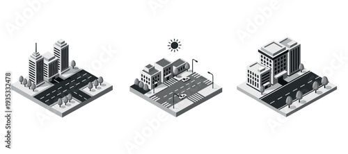 Isometric city blocks arranged along roads in urban setting