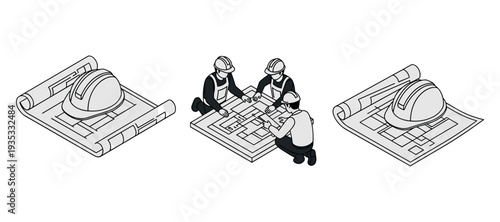 Construction team reviewing blueprints with hardhats on plans