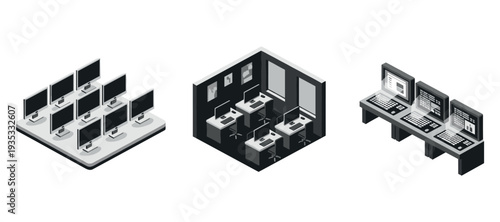 Isometric computer workstations classroom and control room setups