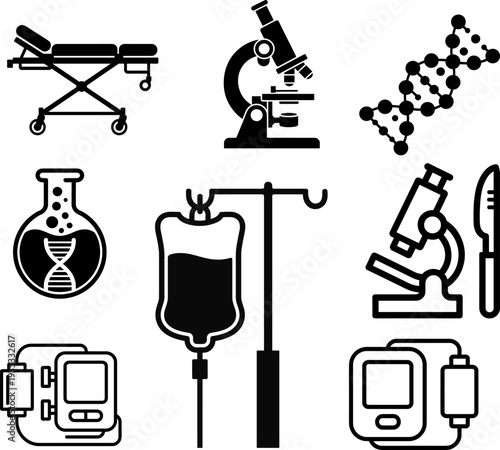 Modern Medical & Science Icon Set: Essential Vector Illustrations for Healthcare Facilities, Laboratory Research, DNA Analysis, Patient Care, Diagnostic Tools & Scientific Discovery.