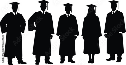 Graduation student silhouettes set, male and female graduates wearing cap and gown academic ceremony flat vector illustration isolated