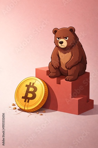 Bear Market Cartoon Illustration with Falling Bitcoin for Cryptocurrency Trend Education