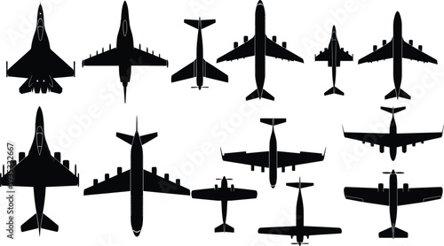 Airplane silhouette collection, military and commercial aircraft, top view designs, wing shapes, engine placement, tail configurations, cad drawing flat vector illustration