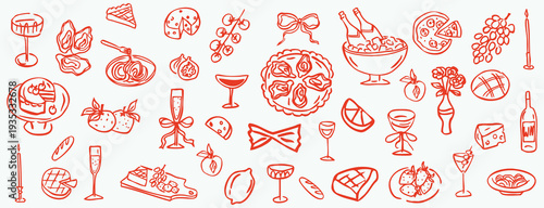 Hand drawn gourmet food and drink doodle set with oysters, pizza, cheese, wine, grapes, desserts, and seafood. Elegant line illustration collection for restaurant menus, catering design, packaging, an