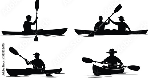 Black kayaking and canoeing silhouettes set on water, people paddling in boats, water sports adventure and outdoor recreation vector illustration