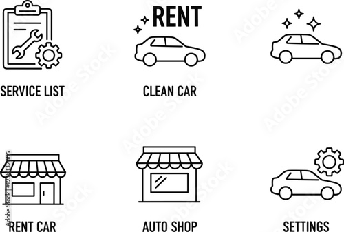 Car rental and automotive service icon set featuring used car, service list, clean car, rent car, auto shop, and settings