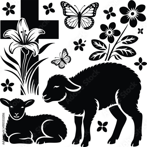 Black silhouettes showcasing a Christian cross with a lily, innocent lambs, and delicate butterflies amidst blossoms