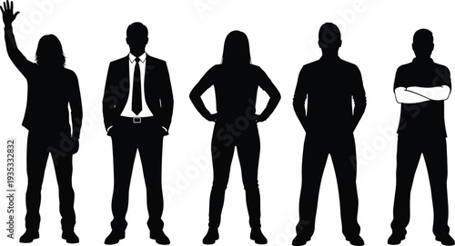 Silhouette people standing together, diverse postures, professional attire, individuality, teamwork concept, business group illustration, human figures, cad drawing flat vector illustration
