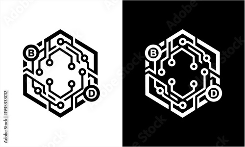 Hexagonal Circuit Board Logo Design with Letters B and D.