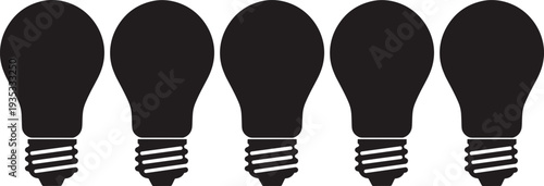 Black light bulb silhouettes in a row on white background, minimalist electric lamp icons for creative ideas, innovation and energy