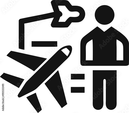 Person and an airplane connected by an arrow with an equals sign symbolizing air travel and connection