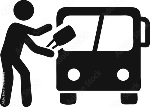 Person cleaning the front windshield of a bus using a specialized washing tool